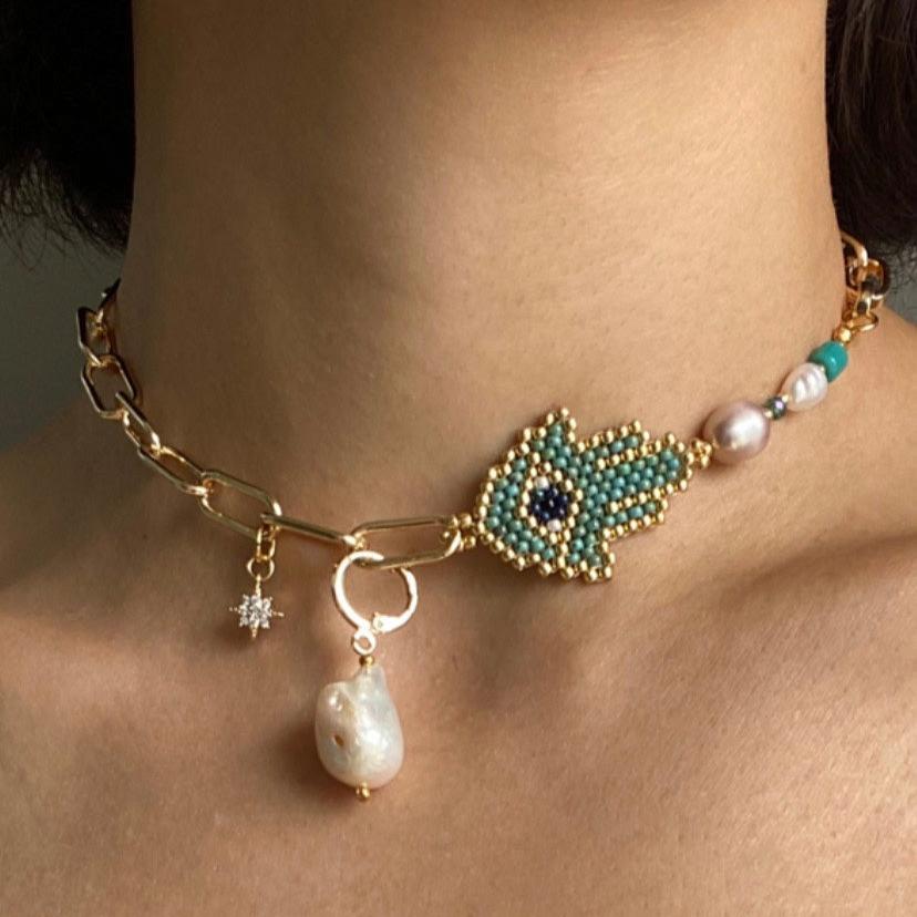 Hamsa Necklace & Pearl Pendant